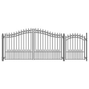 Prague Style 12 ft. x 4 ft. with Pedestrian Gate Black Steel Swing Dual Driveway Fence Gate