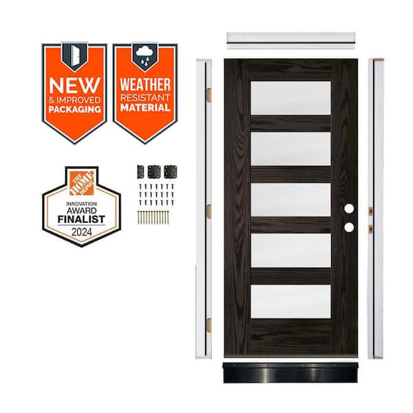36in.x79in.Modern 5Lite Frosted Glass LH Baby Grand Stain Fiberglass AssemblyRequired Front Door Kit w/QuickAssembleJamb