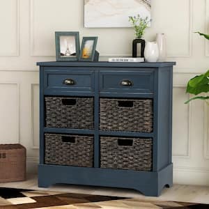 Antique Navy 28.00 in. Rustic Storage Cabinet with 2 Drawers and 4 Rattan Basket for Dining Room, Living Room