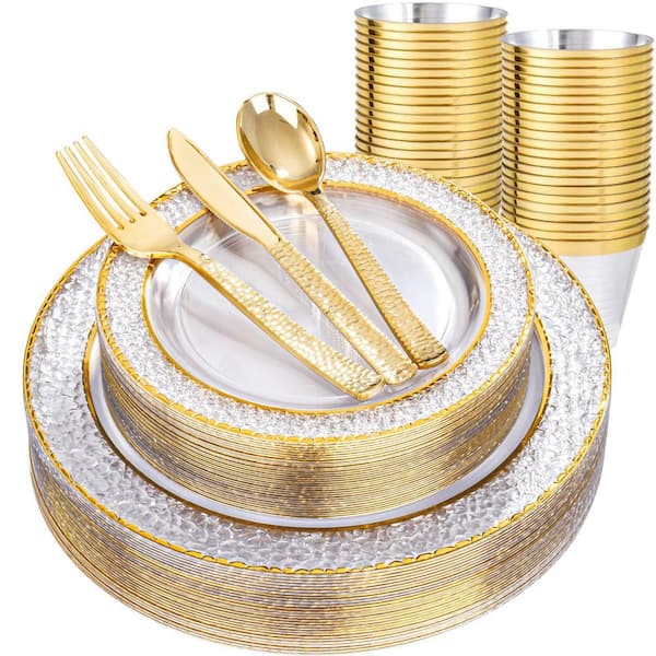 150-Piece Clear and Gold Diamond-Pattern Plastic Dinnerware Party Set with Plates Cups Cutlery for 25