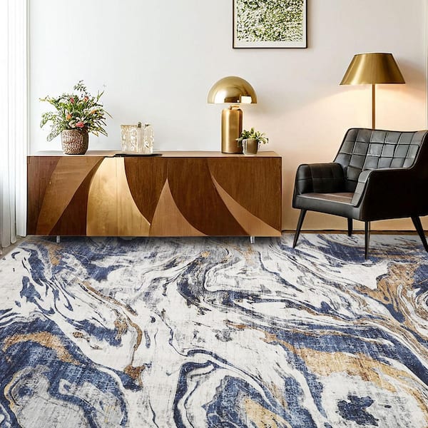 8 x 10 ft. Blue Marble Abstract Area Rug, Machine Washable Non-Slip Low-Pile Soft Rug, Blue/Ivory/Gold