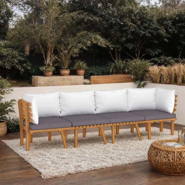Benjara Roma Natural Brown 4-Piece Wood Outdoor Modular Sofa Sectional Set with White and Gray Cushion