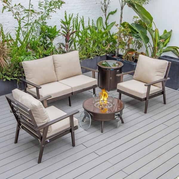 Leisuremod Walbrooke Brown 5-Piece Aluminum Round Patio Fire Pit Set with Beige Cushions and Tank Holder