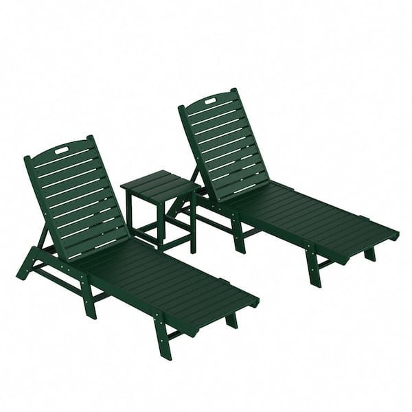 Laguna Dark Green 3-Piece All Weather Fade Proof HDPE Plastic Outdoor Patio Reclining Chaise Lounge Chairs and Table Set