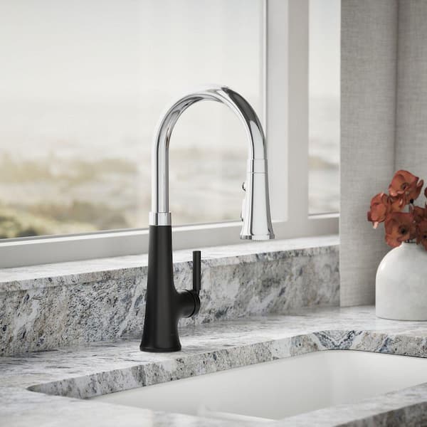 Tone Single Handle Pull Down Sprayer Kitchen Faucet in Polished Chrome with Matte Black