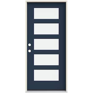 36 in. x 80 in. Right-Hand 5 Lite Clear Glass Revival Blue Painted Fiberglass Prehung Front Door with Brickmould