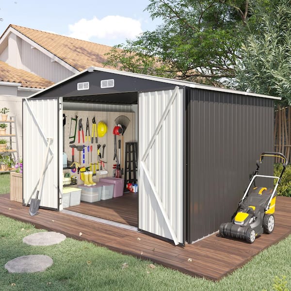 Black 9.6 ft. W x 7.8 ft. D Storage Metal Shed with Lockable Doors, Vents, Galvanized Steel Frame for Patio (67 sq. ft.)