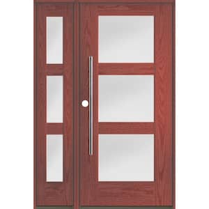 Modern Faux Pivot 50 in. x 80 in. 3-Lite Right-Hand/Inswing Satin Glass Redwood Stain Fiberglass Prehung Front Door wLSL