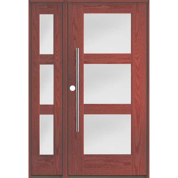Krosswood Doors Modern Faux Pivot 50 in. x 80 in. 3-Lite Right-Hand/Inswing Satin Glass Redwood Stain Fiberglass Prehung Front Door wLSL
