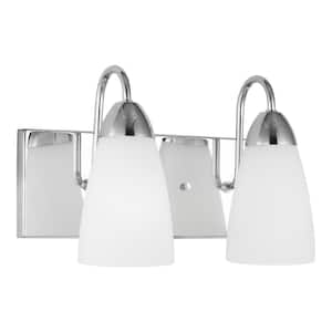 Seville 13 in. 2-Light Chrome Transitional Modern Wall Bathroom Vanity Light with White Etched Glass Shades
