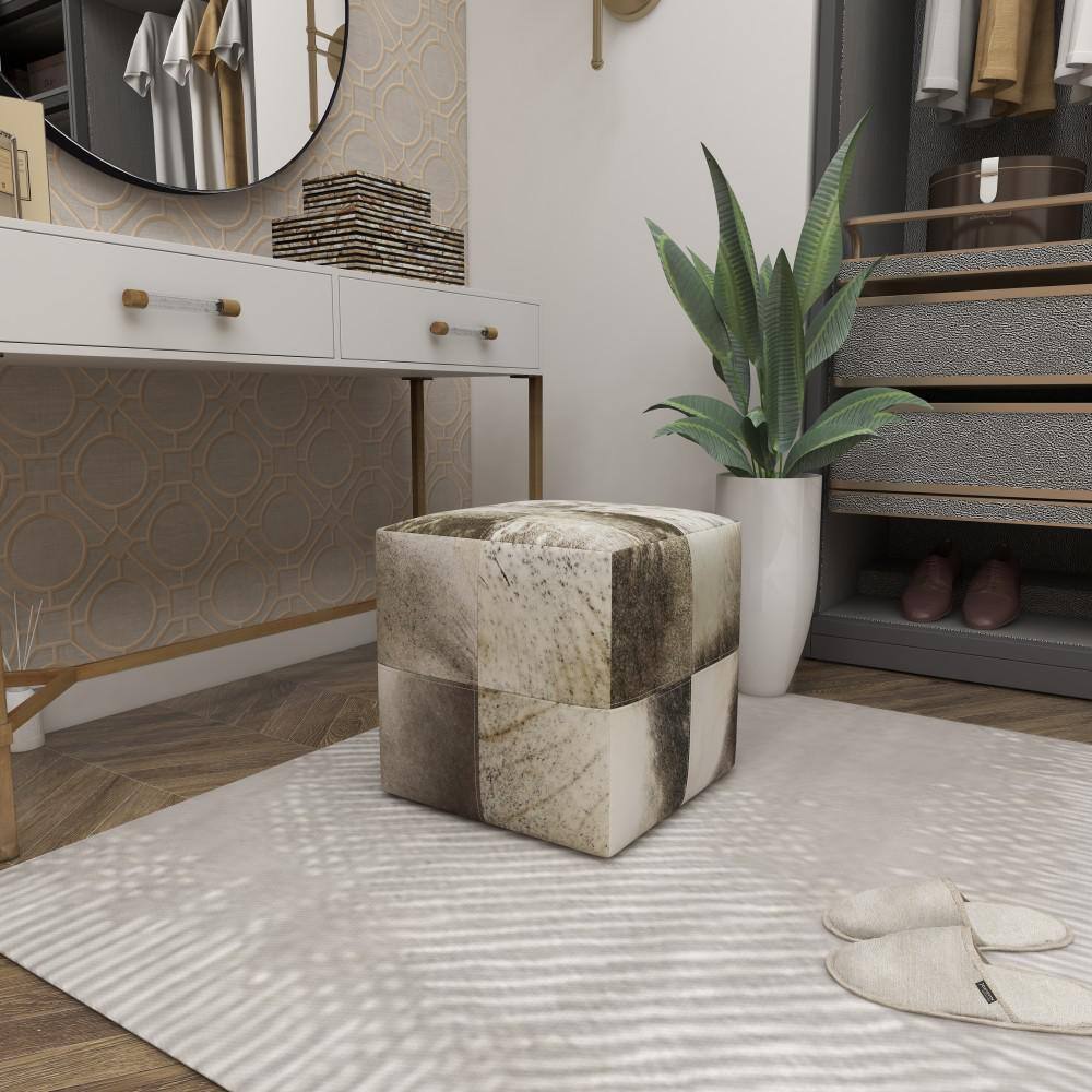 Contemporary Gray Cowhide Patchwork Pouf Ottoman, 16" Cube