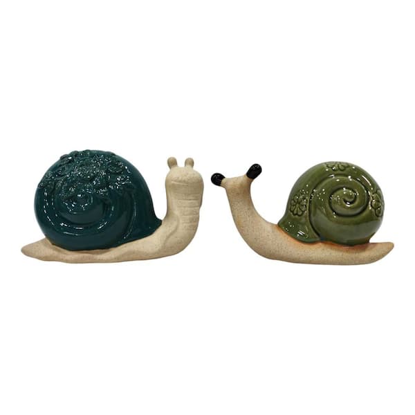 7 in. x 4 in. Blue/Green Ceramic Flower Snails Garden Statues (Set of 2)