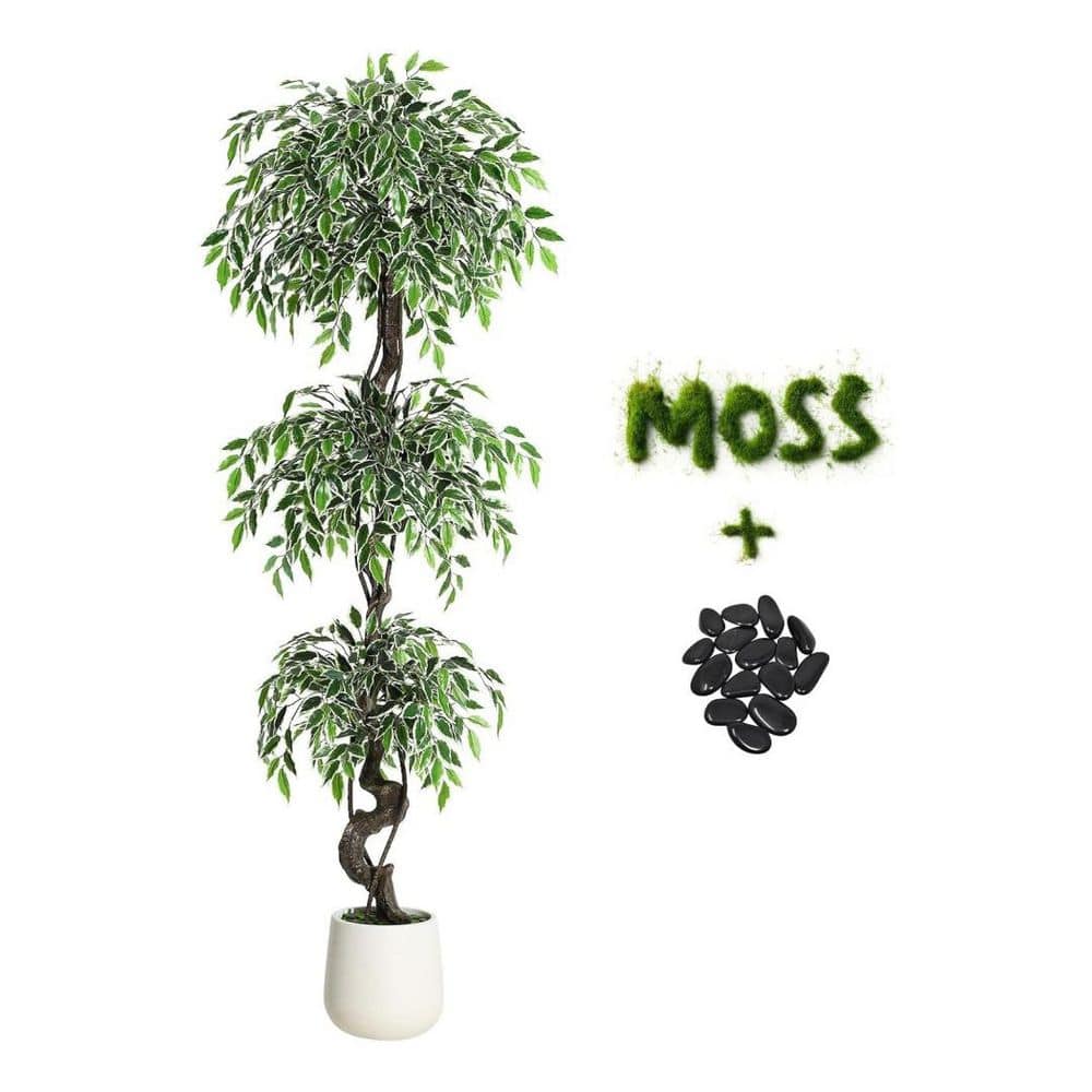 6FT Artificial Ficus Tree Indoor, Faux Plants with Planter, Pebbles & Green Fake Moss