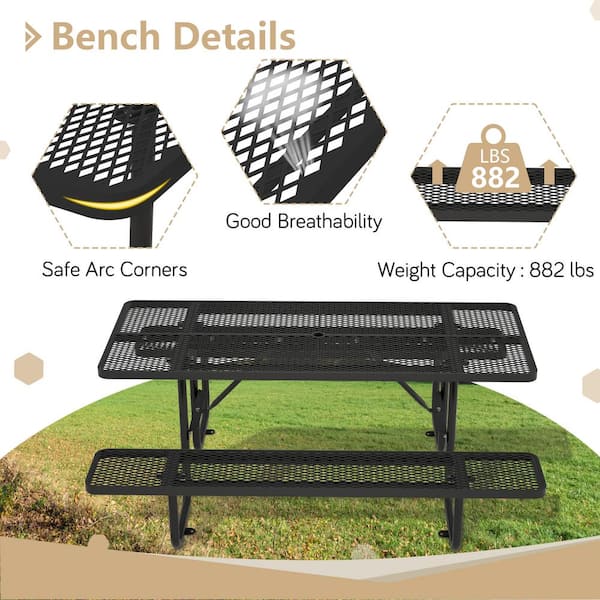 Thanaddo 72.2 in. Black Rectangle Outdoor Metal Picnic Table Seats