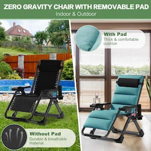 Folding Zero Gravity Metal Frame Recliner Outdoor Lounge Chair With Side Tray, Adjustable Headrest, Suede Green Cushion