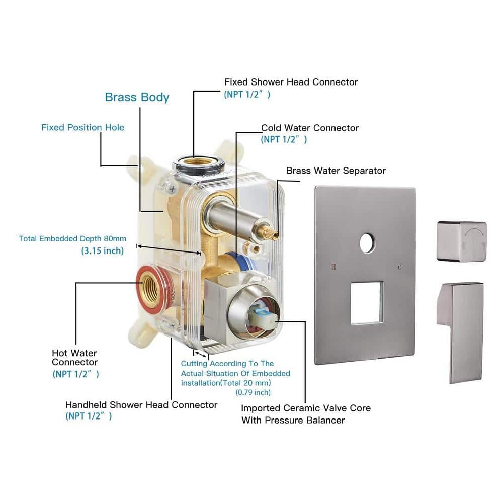 12-Inch Brushed Nickel Square Rain Shower System with Handheld