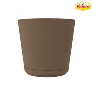 10 in. Kyra Medium Chocolate Plastic Planter (10 in. D x 9.2 in. H) with Attached Saucer