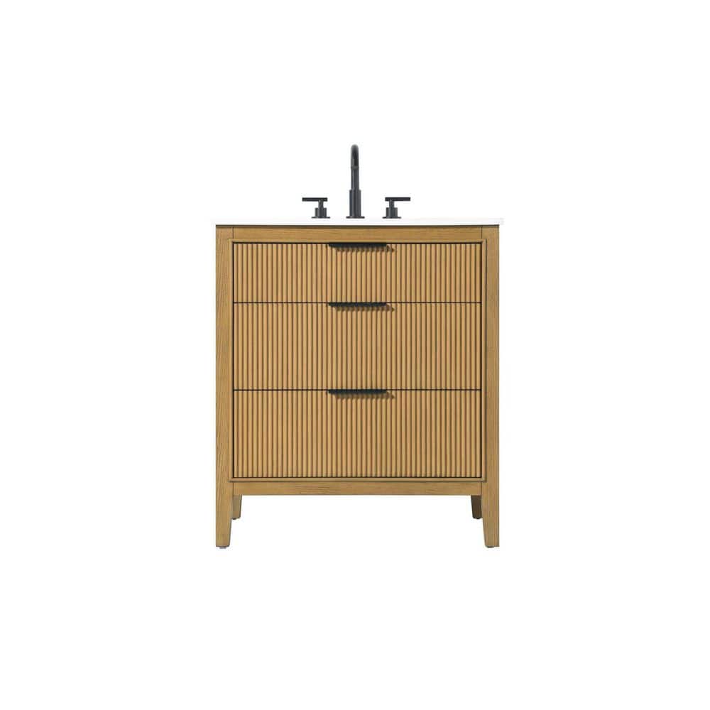 30 in. Single Sink Freestanding Honey Teak Bath Vanity with Marble White Engineered Marble Top price history on PriceWatchPro