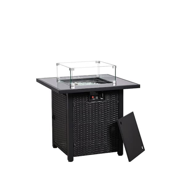 28 in. Propane Gas Fire Pit Table 50000 BTU Rectangular Fire Pit w/ Glass Wind Guard For Outdoor Patio Backyard in Black