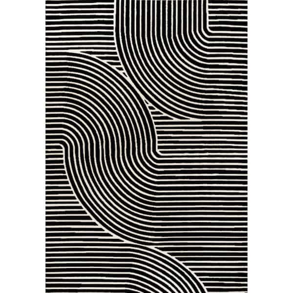 Hallie High-Low Minimalist Curve Geometric Black/White 8 ft. x 10 ft. Area Rug