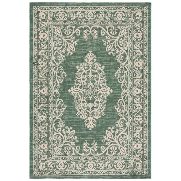 Courtyard Dark Green/Beige 4 ft. x 6 ft. Medallion Floral Indoor/Outdoor Patio  Area Rug