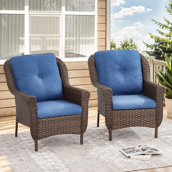 Gymojoy Floral Brown Wicker Patio Club Chair Set 2-Piece Outdoor Lounge Chair with Thick CushionGuard Blue Cushions