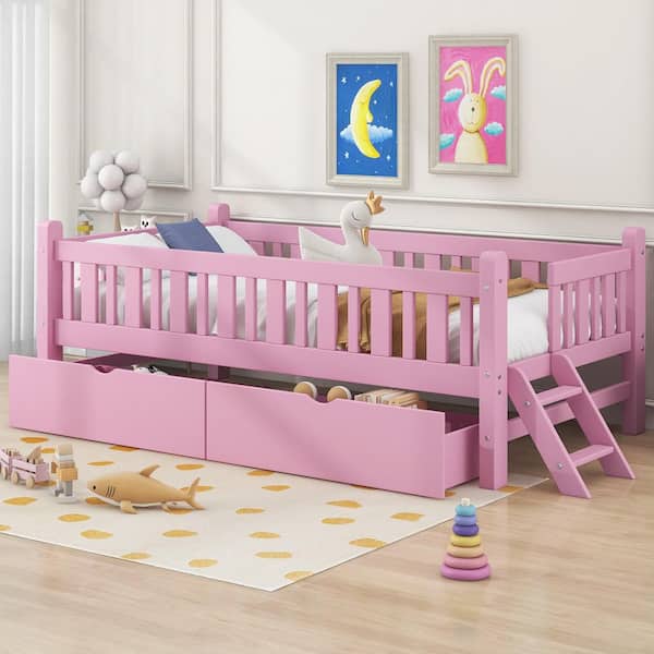 Pink Twin Size Platform Bed with Guardrails and 2 Drawers