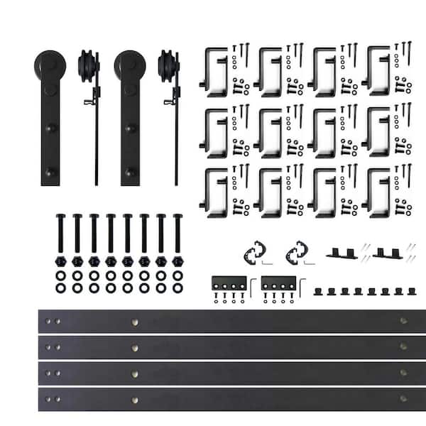 HOMACER 16 ft./192 in. Black Rustic Double Track Bypass U-Shape Sliding Barn Door Hardware Kit - Straight Design Roller