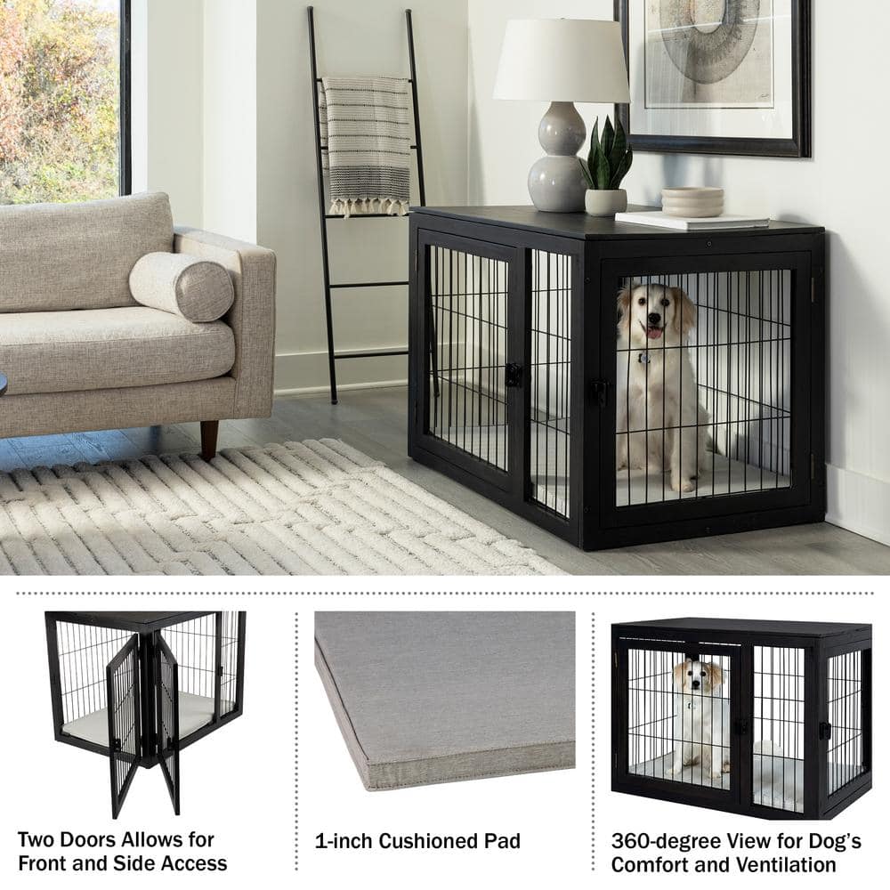 Large Black Acacia Wood and Metal Dog Crate Table