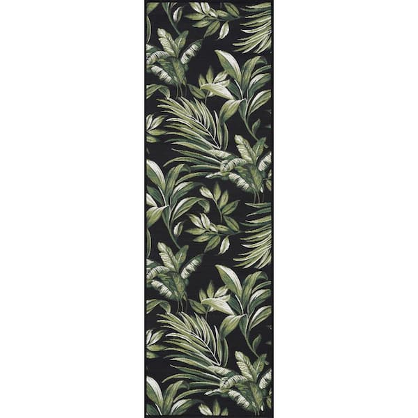 Stunning Black 2 ft. x 8 ft. Floral Indoor/Outdoor Runner Rug