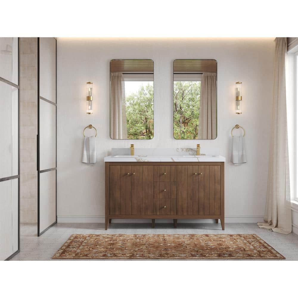 Atlanta Teak Double Bathroom Vanity with Calacatta Gold Top