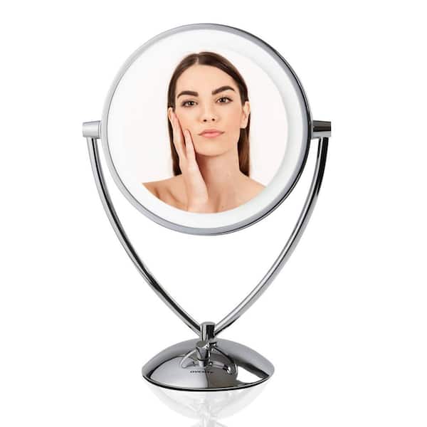 OVENTE Magnifying Dimmable Cool-Tone LED Light Polished Chrome Lighted Tabletop Makeup Mirror, 1x 5x Magnification