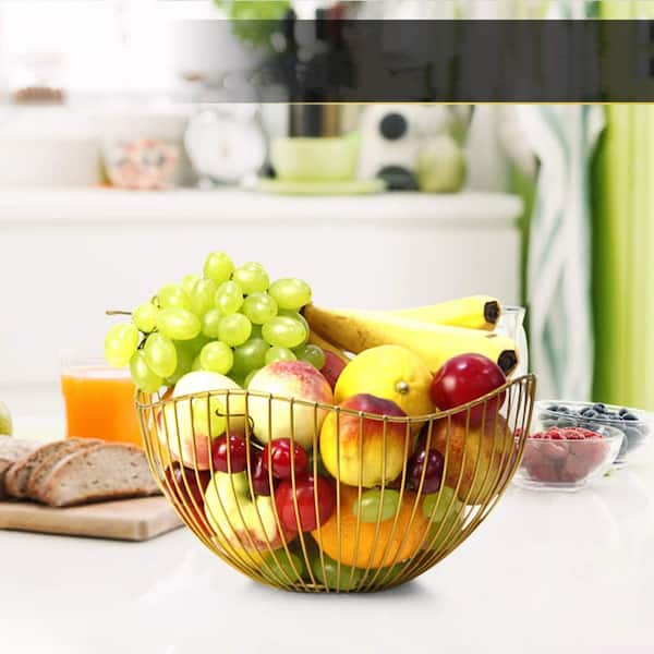 1-Piece Wave Gold Wire Fruit Bowl for Kitchen Counter, Wire Fruit Dish for Fruits and Veggies