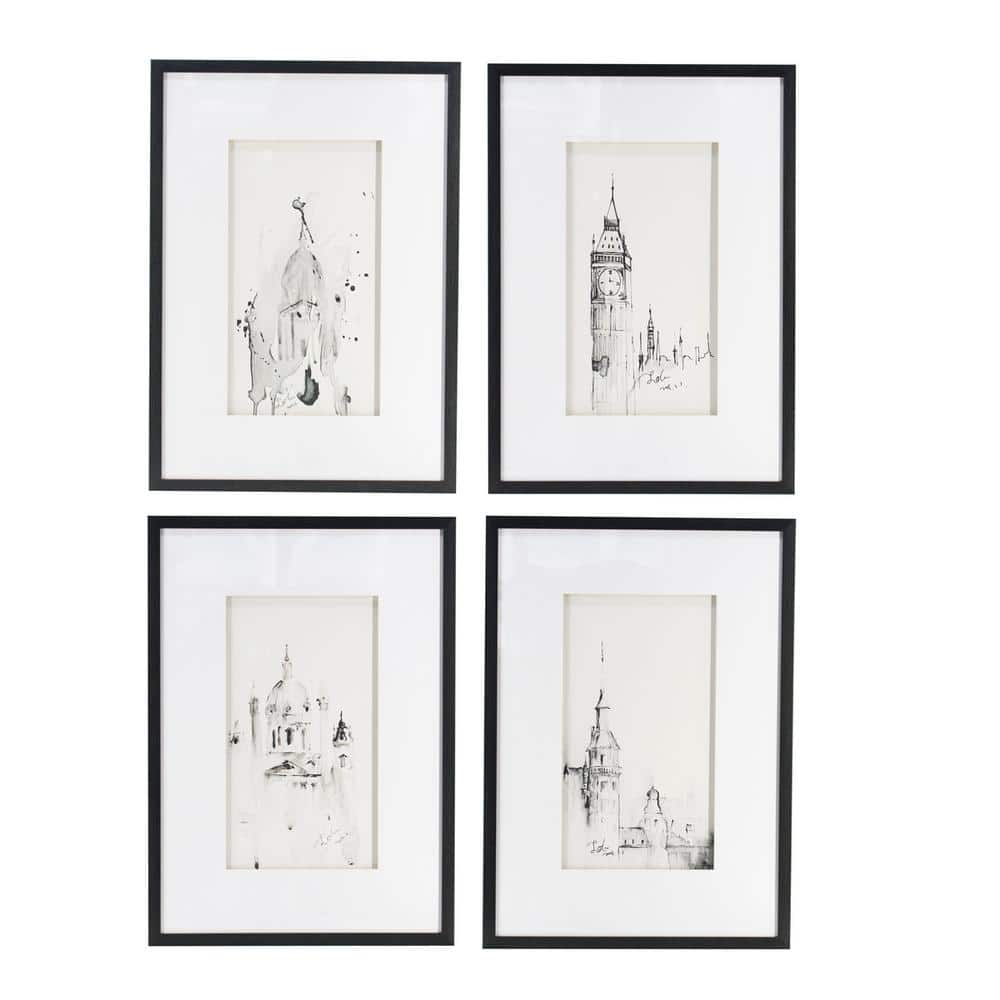 Black and White Architectural Framed Canvas Prints Set of 4