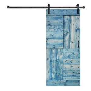 S Series 36 in. x 84 in. Worn Navy Finished DIY Solid Wood Sliding Barn Door with Hardware Kit