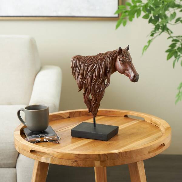 Litton Lane Dark Brown Ceramic Head Horse Sculpture with Black Rectangle Base
