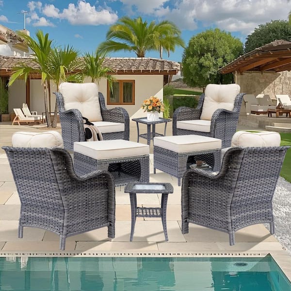 Gray 8-Piece Wicker Patio Conversation Set Outdoor Lounge Chairs Ottomans and Side Table with Beige Cushions