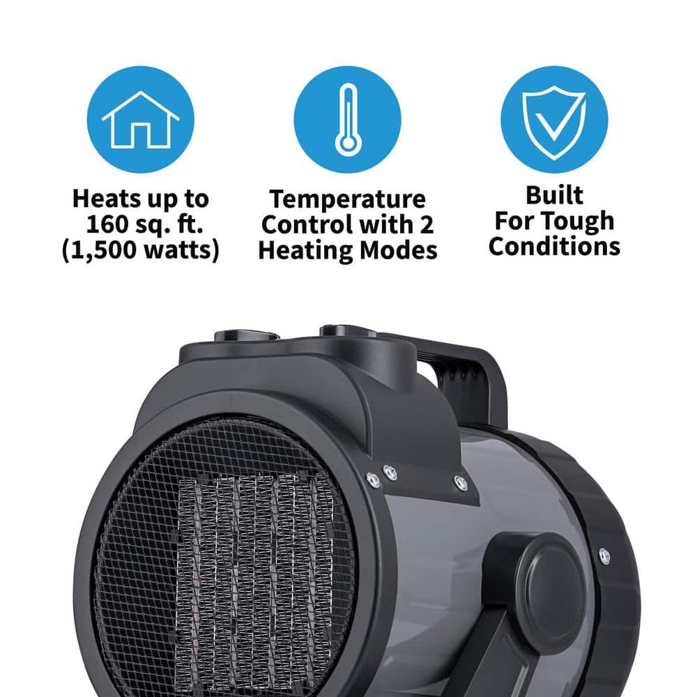 Portable Black and Gray Ceramic Electric Garage Heater with Adjustable Tilt Head