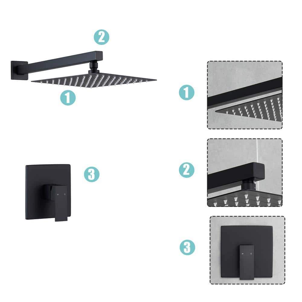 Large Matte Black Stainless Steel Square Wall Mounted Shower System