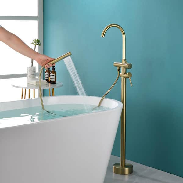 Staykiwi Freestanding Double Handle Brass Tub Faucet with Handheld Spout in Gold