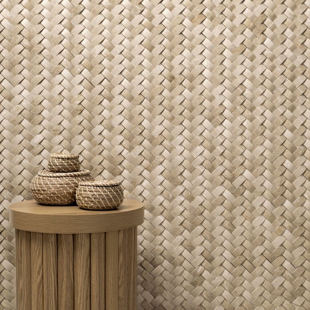 Beige Polished Marble Herringbone Mosaic Wall Tile