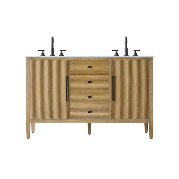 54 in. Double Sink Linen Oak Bath Vanity with White Engineered Marble Top