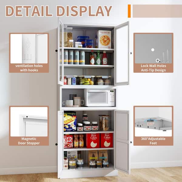 72 in. White Metal Pantry Cabinet with Glass Doors, Heavy Duty Stainless Steel Frame and 4 Adjustable Shelves