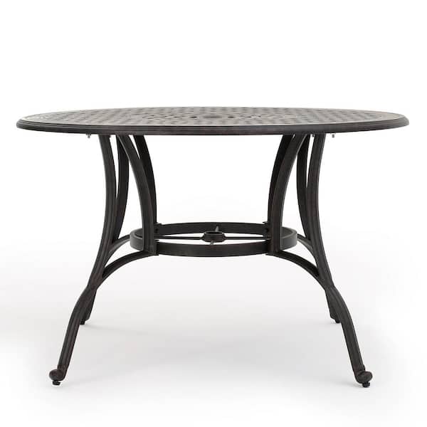 Unbranded Traditional Bronze Round Cast Aluminum Outdoor Dining Table with Umbrella Hole, Lattice-Patterned Design and Curved Legs