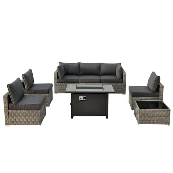 Sanibel Gray 8-Piece Wicker Patio Conversation Sofa Sectional Set with a Metal Fire Pit and Black Cushions