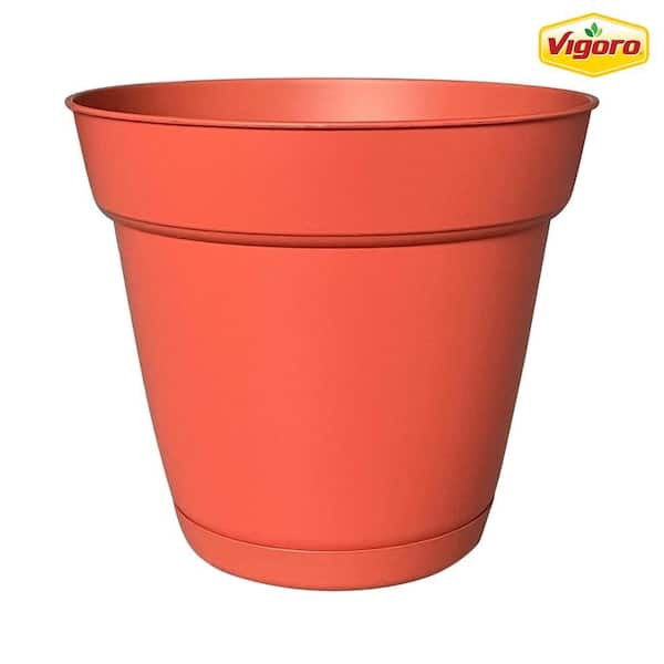 Vigoro 8 in. Bea Small Orange Resin Planter (8 in. D x 7.1 in. H) With Drainage Hole and Attached Saucer