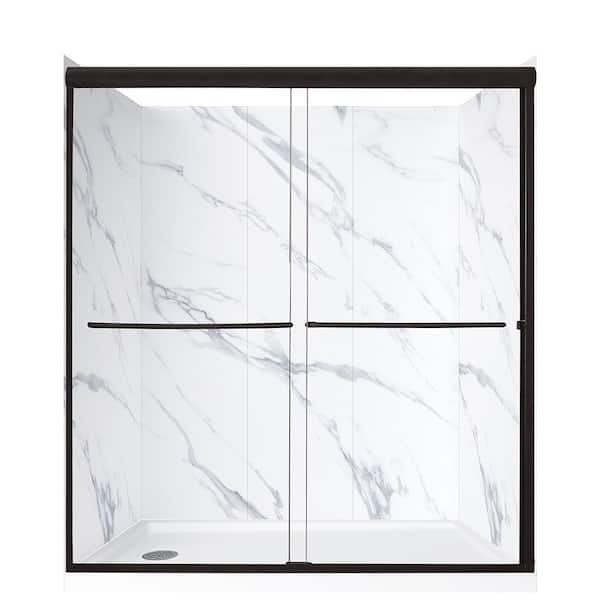 CRAFT + MAIN Cove Sliding 60 in. L x 32 in. W x 78 in. H Left Drain Alcove Shower Stall Kit in Carrara and Matte Black Hardware