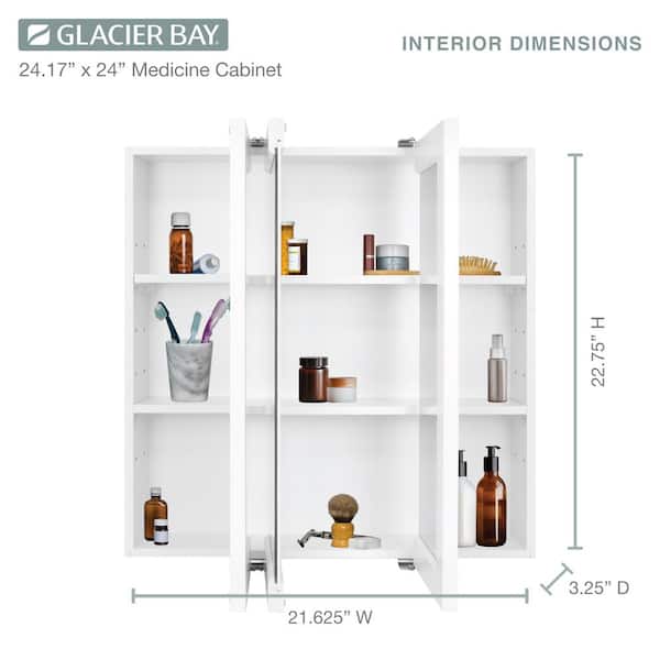 Glacier Bay 24-3/16 in. W x 24 in. H Framed Surface-Mount Tri-View Bathroom Medicine Cabinet with Mirror, White