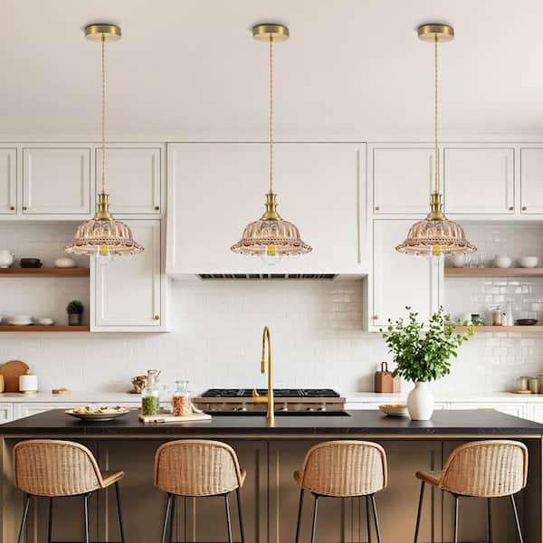 Rayhome 9.84in. 1-Light Brass Vintage Adjustable Pendant Light w/ Amber Floral Glass Shade for KitchenIsland Living Room