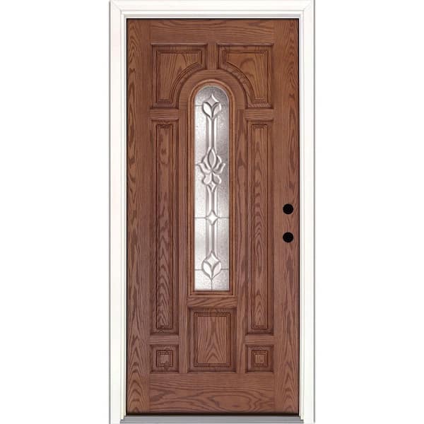 Feather River Doors 37.5 in. x 81.625 in. Medina Zinc Center Arch Lite Stained Medium Oak Left-Hand Inswing Fiberglass Prehung Front Door